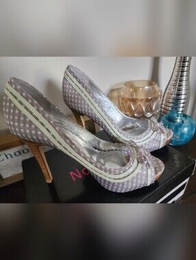 Not Rated Polka Dot Peep-Toe Heels in Gray and Cream